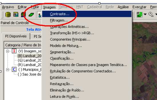 Para obter melhor resultado com o contraste, amplie uma pequena área da imagem, conforme explicado no passo 9 e 10 do tutorial Criar Projeto. 1. Com a imagem na tela do SPRING, no menu, clicar em Imagem e Contraste (Figura1).