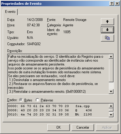 Exemplo serviços e servidores Monitoria do sistema de inicialização de serviços do windows Inilialização do Sistema Win2000 Server Indicação de falha de inicialização em tela Verificação do evento de