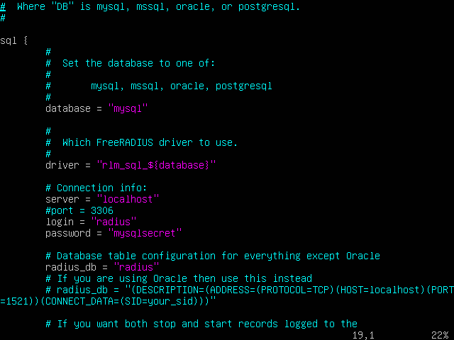 33 mysql> quit comando para sair. Criado a base de dados adicione os scripts SQL schema.sql e nas.sql com os seguintes comandos: mysql u root p radius < /etc/freeradius/sql/mysql/shema.