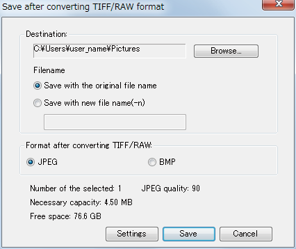 Converter imagens de formato TIFF/RAW Salvar imagens em formato diferente Você pode converter um arquivo de formato TIFF ou RAW para um arquivo JPEG ou BMP e salvá-lo como um novo arquivo.