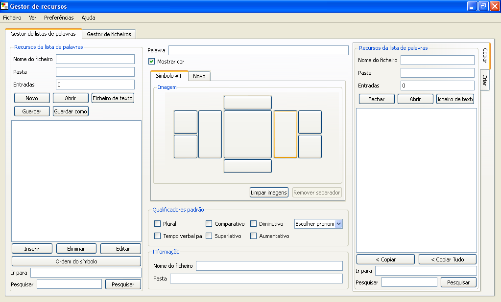 O programa abre com o separador Gestor de listas de palavras, que por sua vez possui dois pequenos separadores à direita, copiar e editar.