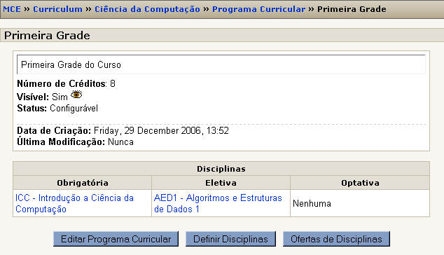 Figura 4.10: Dados de um Programa Curricular para o Administrador Na Figura 4.11, é apresentada a página que lista as disciplinas ofertadas para um programa curricular.