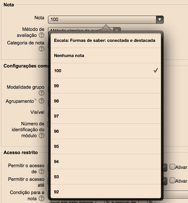 item configuração da nota diz respeito à configuração que controla a categoria na qual as notas da atividade são postadas no livro de notas, como se vê na