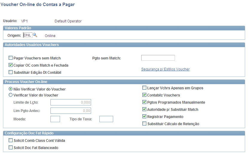 Página Vouchers On-Line a Pagar Observação: O campo Substituir Cálculo de Retenção da caixa de grupo Processar Voucher On-line que pertencia a esta página, foi excluído por não ser utilizado no