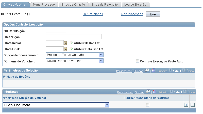 Página Criação Voucher Opção Processamento Foi disponibilizada a opção para Doc Fiscal lançados.