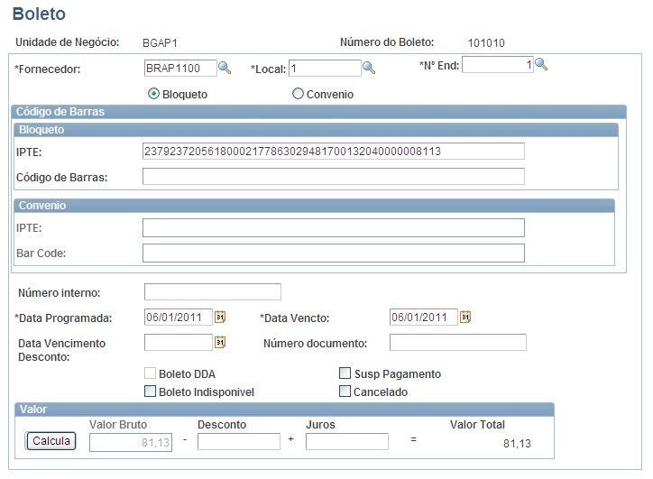 Página Boleto As informações contidas no Boleto (código de barras, código da linha disponível para digitação, valor, etc.