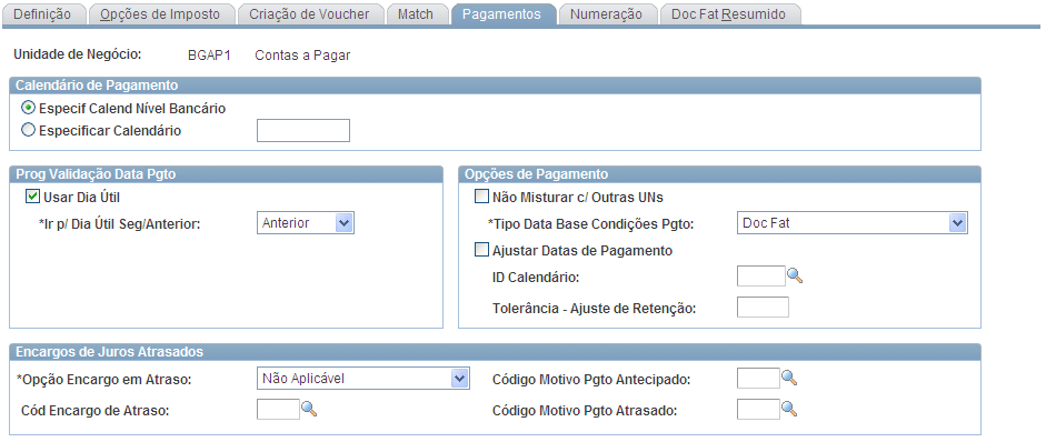 Definição de Contas a Pagar página Pagamentos Opções de Pagamento Ajustar Datas de Pagamento Assinalar esta caixa de opção, se for para o sistema Ajustar Datas de Pagamento.
