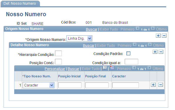 Página Nosso Número A configuração desta página permitirá a extração do Nosso Número a partir da Linha Digitável ou Código de Barras de um Boleto, este número será visível no campo Número Interno do