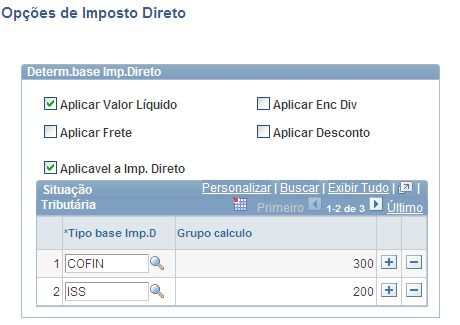 Página Opções de Imposto Direto Há duas formas dos valores de impostos diretos entrarem na base de cálculo: Através da soma do valor do imposto na base, caso o valor do imposto em questão já tiver