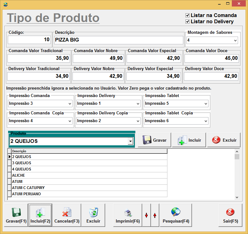 13. CADASTROS DE TIPOS DE PRODUTOS O Cadastro de Tipos de Produto que define o valor final do produto, assim podendo cobrar valores diferentes na comanda e no delivery para o mesmo produto.