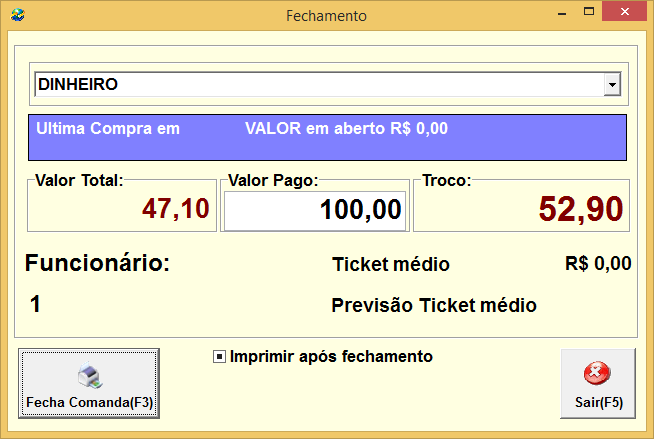 F2 - Inicia o recebimento da mesa, abrirá a tela de fechamento onde se seleciona a forma de pagamento. F3 Vai para o campo de usuário e senha, para troca de usuário.