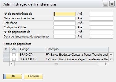 Criação da transferência (modo manual ou utilizando o assistente de pagamento de transferências): Crédito Conta transitória (cadastrada em Parâmetros BankSync) Débito Parceiro de negócios Pagamento