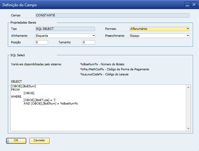 Figura 52: Definição do campo SQL Select Campo Name O nome que sempre virá neste campo é o mesmo nome que o usuário já definiu no campo Descrição, na tela de Definição de Registro.