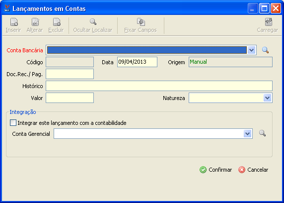 8.14 Lançamentos em Contas Acessado através do menu Financeiro / Fluxo de caixa / Lançamentos em contas.