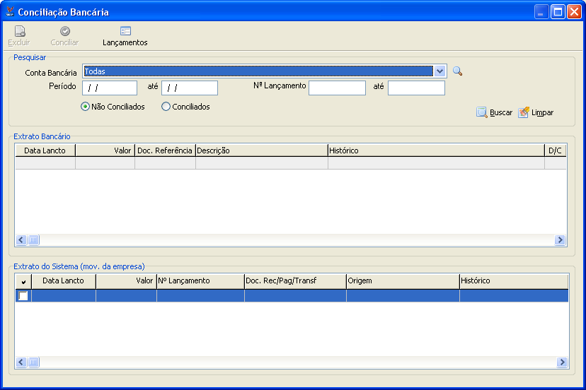 8.16 Conciliação Bancária Acessado através do menu Financeiro / Fluxo de caixa / Conciliação bancária.