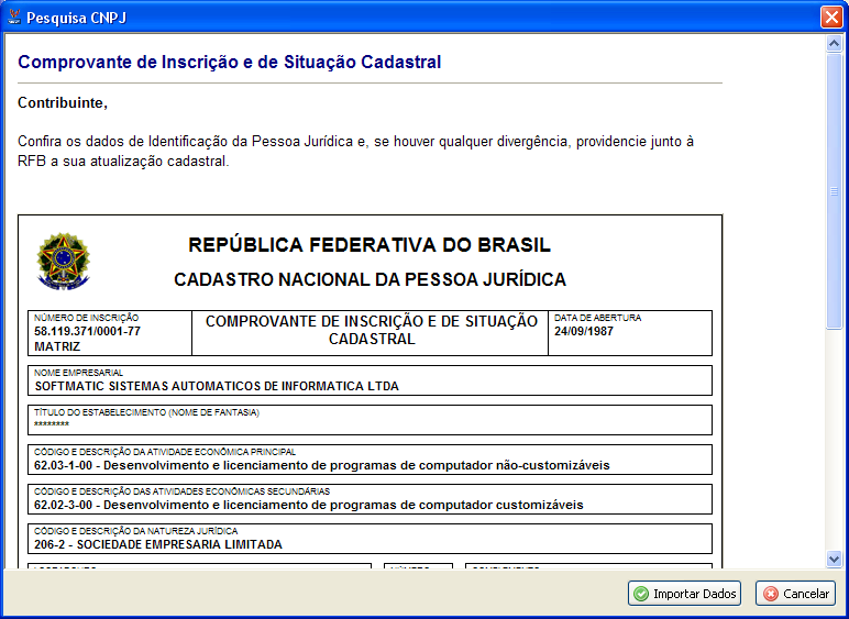 O sistema apresenta os dados do parceiro de negócios pesquisados, da mesma forma que seria apresentado se fosse a pesquisa diretamente via internet.