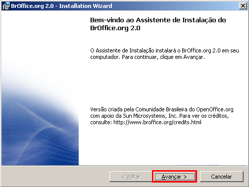 Descompactando e Instalando O Assistente de Instalação do BrOffice.org será iniciado.