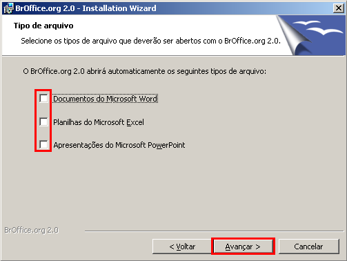 Será mostrada a tela de tipos dearquivo vinculados. Selecione os tipos de arquivo que vocês desejam abrir com o BrOffice.org.