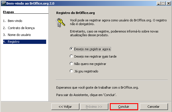 Na tela de registro, você precisará estar conectado a Internet se marcar a opção "Gostaria de me registrar agora". Nesse caso, ao clicar em Finalizar, o seu navegador irá até a página do OpenOffice.