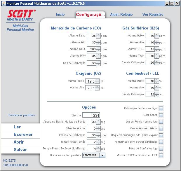 24 CAPÍTULO 3: CONFIGURAÇÃO E AJUSTES Figura 19 Tela Início do software Monitor de Gás da Scott (SGM) A Figura 20 mostra a tela da guia Configurações.