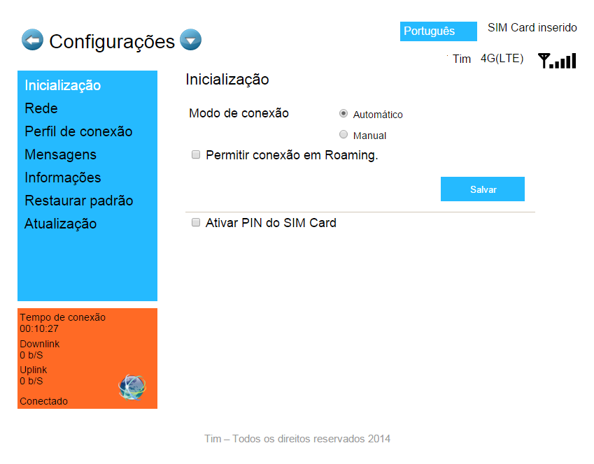 Inicialização Aqui você configura o comportamento do modem ao ser inicializado: 1) Em modo de conexão: a) Selecionando a opção de modo de conexão Automático o modem se conectará automaticamente a