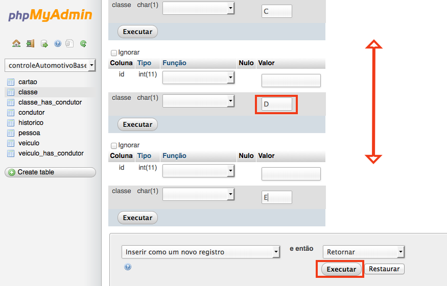 89 ANEXO F -- Cadastrando categorias no banco de dados do subsistema de gerenciamento de usuários Entre no phpmyadmin do subsistema, selecione o banco controleautomotivobase, na tabela classe, clique