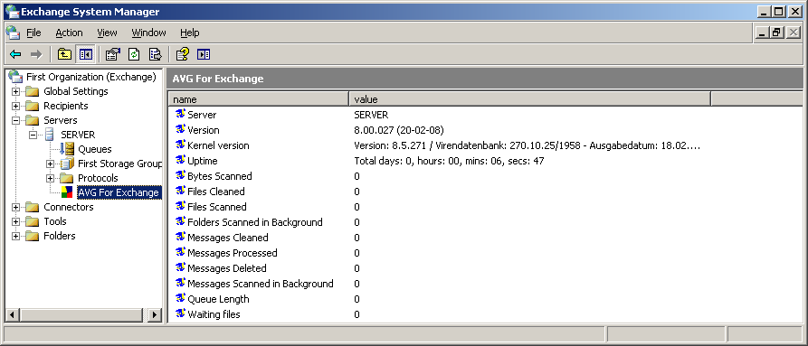 3.3. Configuração Quando o serviço de armazenamento do Exchange for reiniciado após a instalação do 2000/2003 ServerAVG for MS Exchange 2000/2003 Server, nenhuma outra ação será necessária para