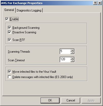 Na guia Geral, você encontrará várias opções predefinidas relacionadas ao desempenho da verificação de vírus de e-mail do AVG para MS Exchange 2000/2003 Server: Ativar use esta caixa de seleção para
