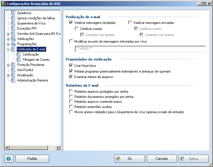 5. Verificador de e-mail As configurações do Verificador de e-mail são definidas no AVG File Server Edition. No menu principal do aplicativo, selecioneferramentas/configurações Avançadas.