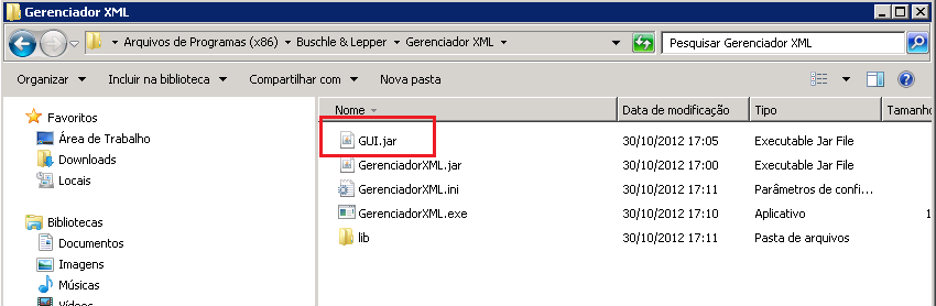 28 Figura 7 Ou ainda, acessando o diretório: C:\Program Files\Buschle & Lepper\Gerenciador XML. E dar 2 cliques no arquivo GUI.jar que será semelhante ao exibido na Figura 8.