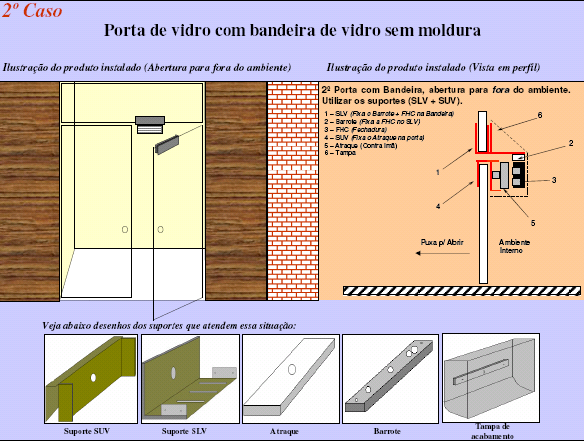 200 KGF: 51.001.017-0 = Fechadura Eletroímã 200 Kgf 51.001.156-0 = Suporte SBV 200 para Bandeira de Vidro sem Moldura (abertura para dentro do ambiente) 51.001.128-0 = Suporte SZV 200 para Portas de Vidro com Bandeira de Vidro sem Moldura ou Portas de Vidro com Batente (abertura para dentro do ambiente) 300 KGF: 51.