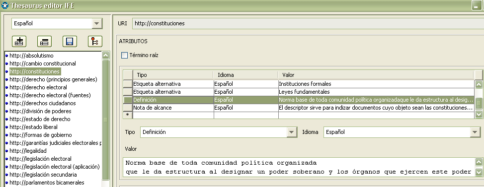 FIGURA 5 Para que aparezca la interfaz anterior, es necesario precisar cómo se asientan los UP, los TG, los TE, los TR, las NA y la definición para el término CONSTITUCIONES.