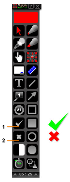 SÍMBOLOS DE CERTO E ERRADO 1. Botão para ativar o símbolo de certo. 2. Botão para ativar o símbolo de errado.
