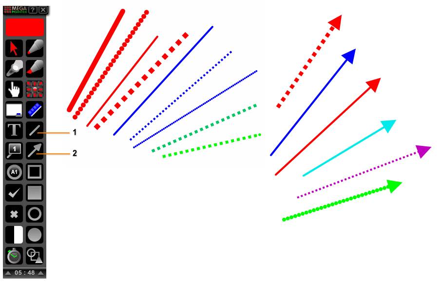 FIGURAS GEOMÉTRICAS LINHAS E LINHAS COM SETAS 1. Botão para ativar as linhas tradicionais (sem seta). 2. Botão para ativar as linhas com seta.