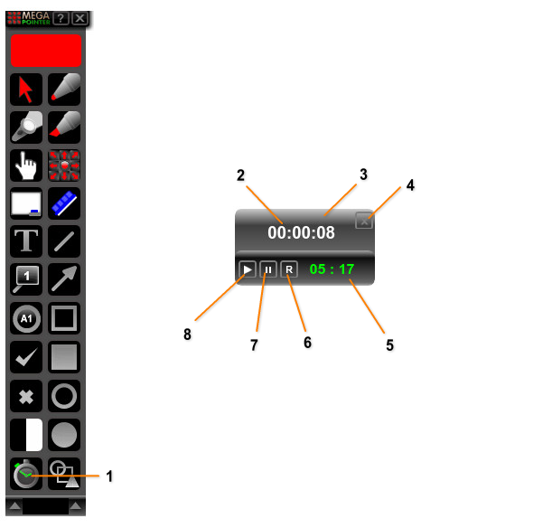 TIMER DIGITAL / CRONÔMETRO 1. Botão do timer/cronômetro. Clique o botão esquerdo do mouse para mostrar a janela do timer. Clique o botão direito do mouse para esconder a janela do timer. 2.