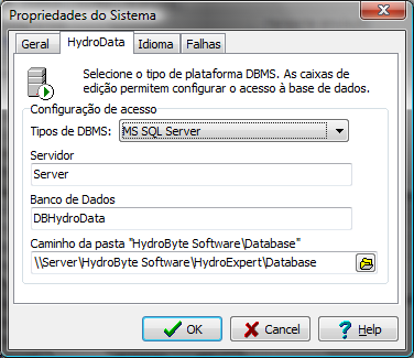 10.2 DBMS SQL Server A configuração de acesso ao banco de dados DBHydroData, por meio do DBMS SQL Server, é realizada no diálogo Propriedades do Sistema.