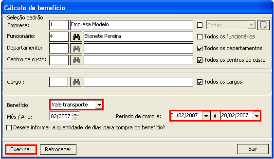 b. Observe que camp descnt em flha de pagament está marcad, u seja, para este funcinári, pderá ser aplicad descnt cadastrad ns dads da empresa.