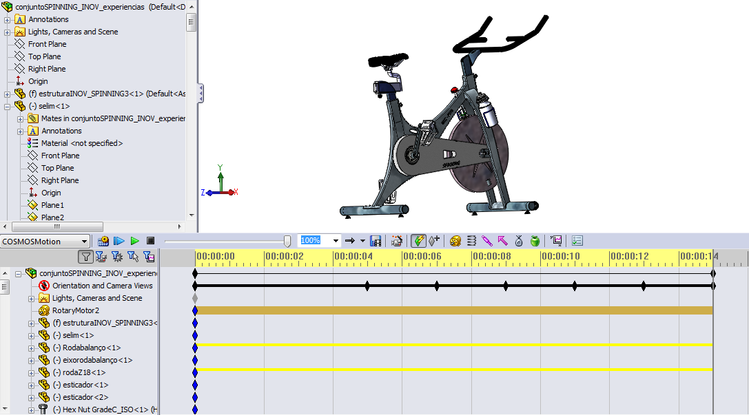 V CAPÍTULO 5.4 Movimentos, restrições e cargas Realizada a SM, utilizou-se o CosmosMotion de modo a verificar a boa funcionalidade cinemática da bicicleta (Figura 42).