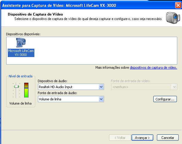 ou REALTEC HD AUDIO INPUT. Nesse caso, na fonte de entrada de áudio selecione VOLUME DE LINHA e clique em AVANÇAR (fig. Ao lado) Aparecerá a tela abaixo, onde você deverá digitar na caixa de texto 1.