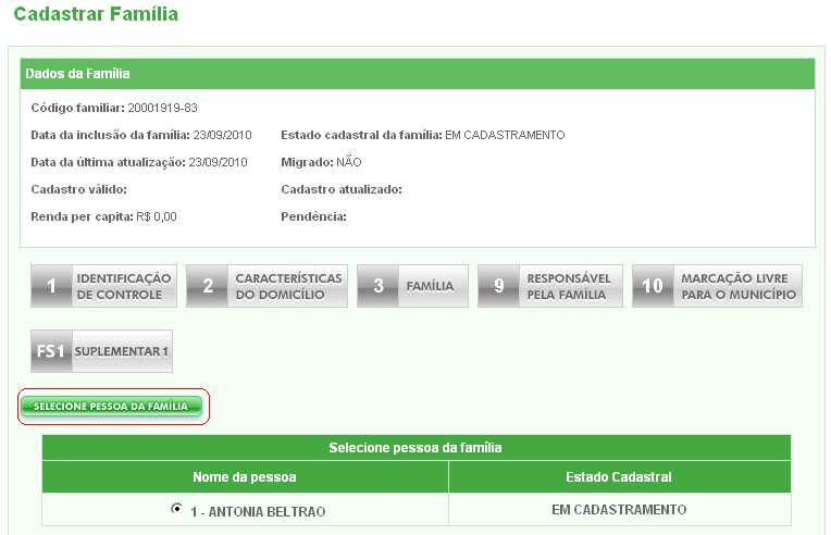 7.4.2 Selecione Pessoa da Família Nessa área serão apresentados os integrantes da família e as ações permitidas no cadastro da