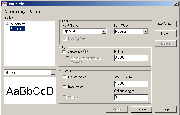 2 - Cria-se um novo estilo com a opção New, dando um nome ao novo estilo de texto; 3 2 3- Escolhe a fonte, podendo ser qualquer fonte SHX ou TTF do Windows; 2 4 4- Defina uma altura (height) para a