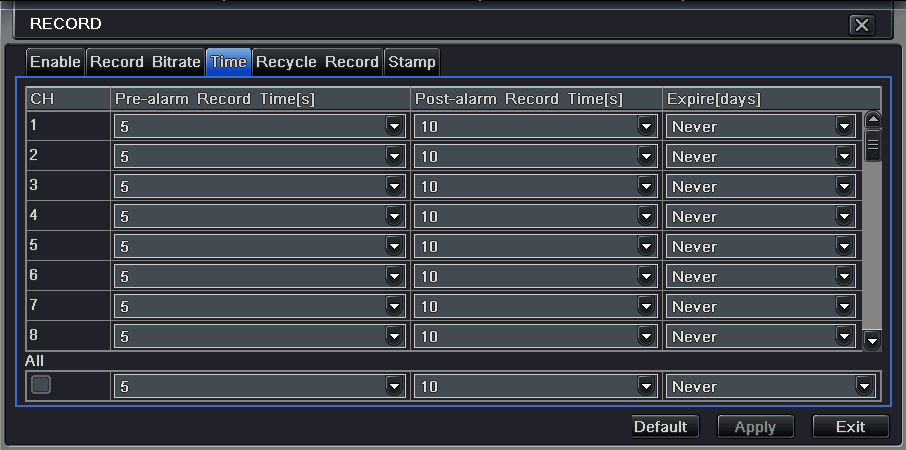 4.3.3 Hora Passo 1: aceda a definições gravar Hora; ver Fig 4-13: Fig 4-13 Configuração Gravação Hora Tempo Pré-Alarme: tempo de gravação antes da ocorrência do evento ex.