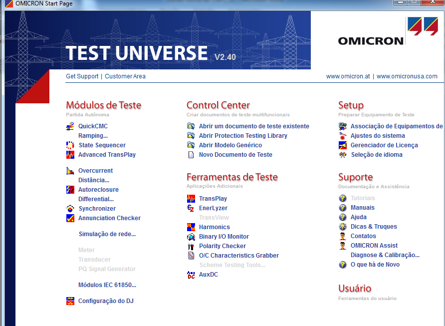 software OMICRON Test Universe onde é possível acessar todos os módulos e ferramentas de teste do software da mala. Figura 5.