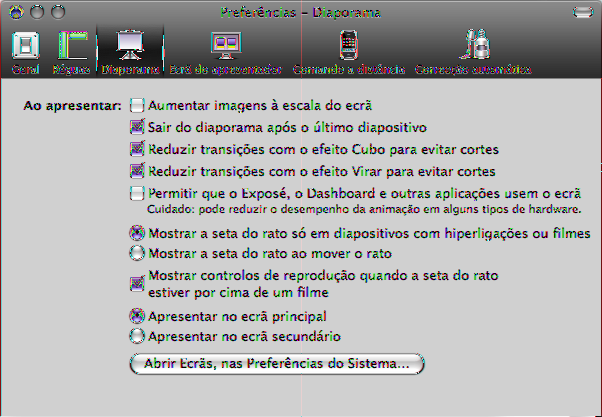 5 Seleccione Keynote > Preferências, e clique em Apresentação. Escolha onde são apresentados os diapositivos durante um diaporama com uma configuração de ecrã duplo.