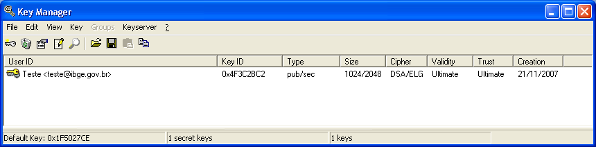 A janela do Key Manager é a seguinte: Pode-se ver o par de chaves pública e privada, criado para um usuário Teste (observe a coluna Type).