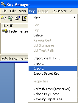 Atenção!! Não escolher Export Secret Key, pois não queremos exportar a chave privada, mas sim a pública! Escolher o caminho onde se deseja salvar o arquivo com extensão.asc.