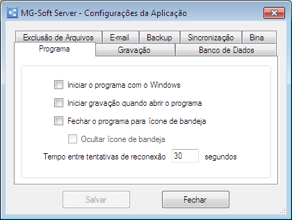 Nesta aba temos: Iniciar o programa com o Windows; Iniciar gravação quando abrir o programa; Fechar o programa para ícone de bandeja; Ocultar ícone de bandeja.