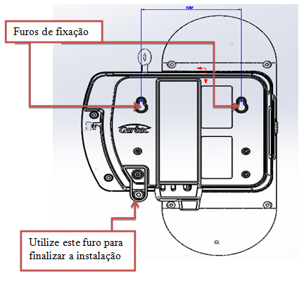 2 l FIXAÇÃO DO EQUIPAMENTO NA PAREDE Na parte traseira do gabinete existem dois orifícios próprios para fixação do Marque Ponto nos parafusos instalados na parede com o auxílio do gabarito.