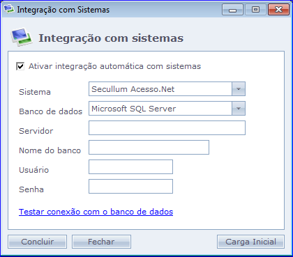 28. Integração com sistemas Acesse o menu Manutenção / Integração com sistemas Sistema: Selecione com qual sistema o Ponto Secullum 4 será integrado.