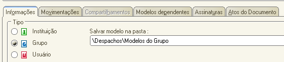 4. Aba Movimentações : Finalidade: Constar na Consulta da Internet e dados estatísticos. Observar comunicado SPI 38/2011. 5. Aba Compartilhamentos : Tipo grupo, já constará compartilhado.